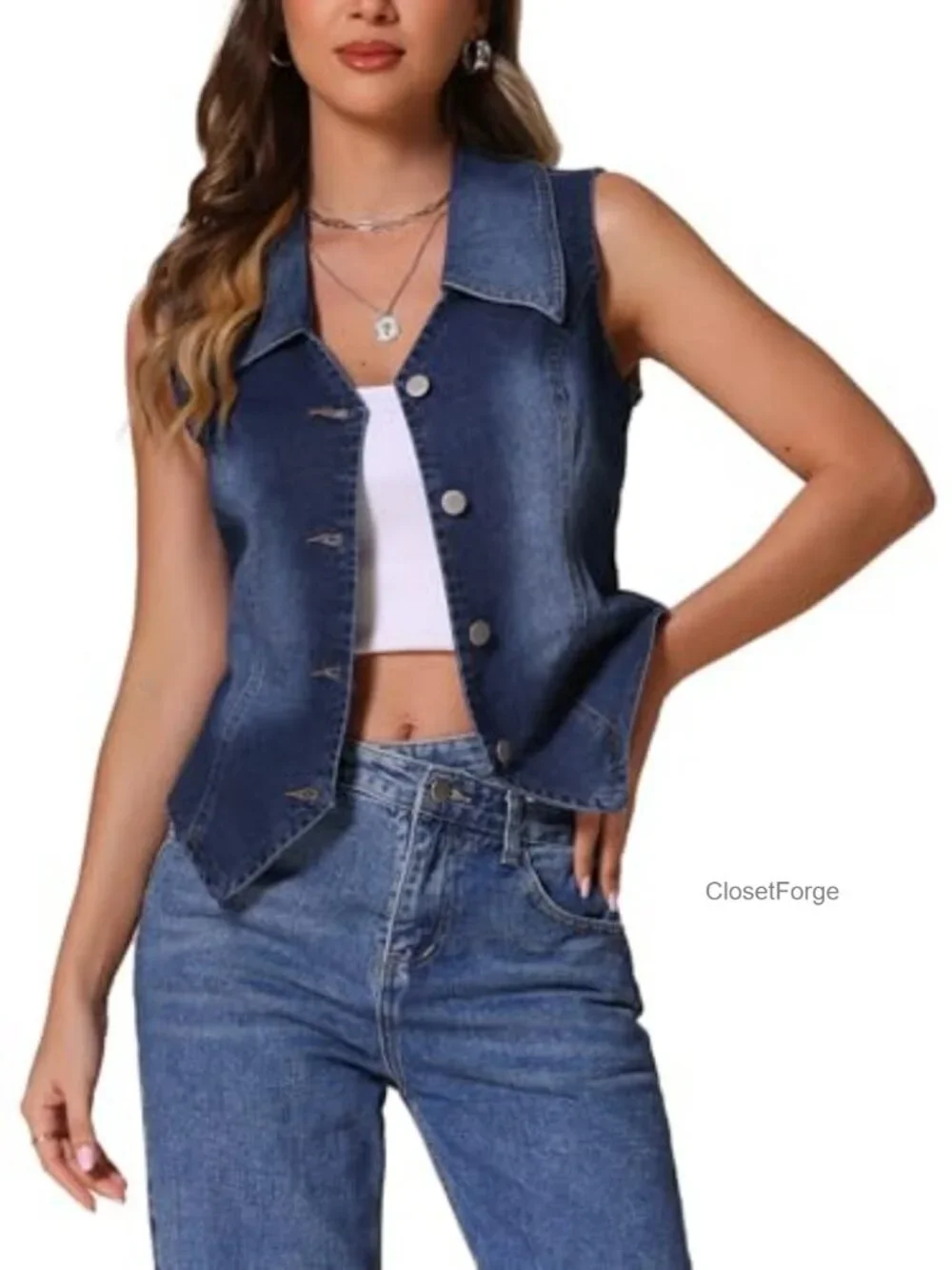 Sleeveless Denim Vest with Button Down Lapel, Regular Fit